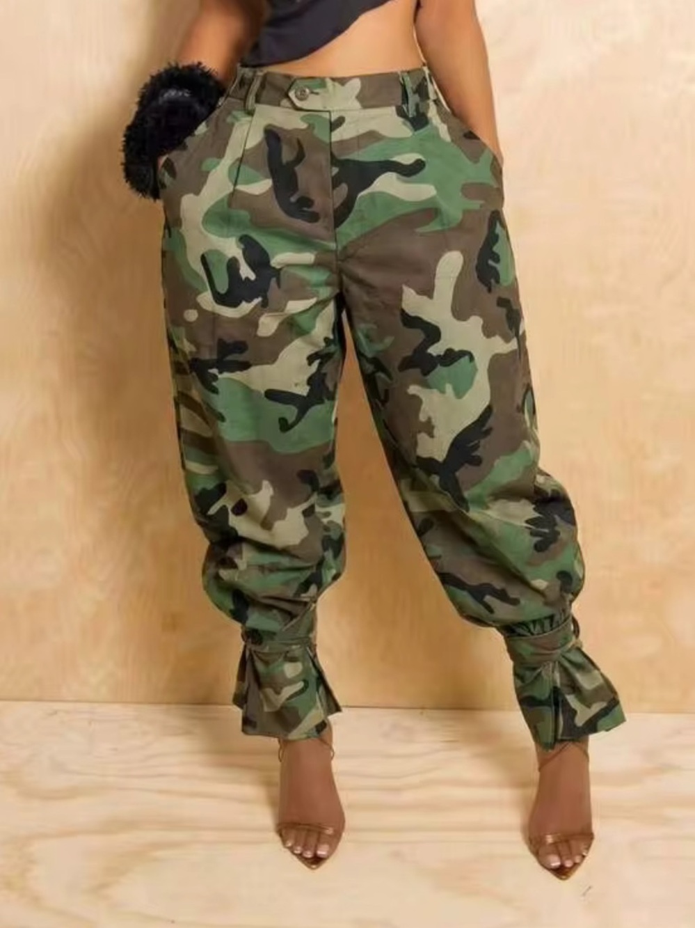 Camouflage Tie-Hem Cargo Pants - Women's Green Camo. New Without Tags